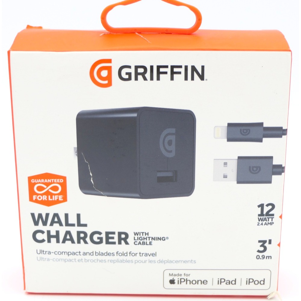 Griffin Compact Wall Charger w/ 3' Lightning Cable Black 12W 2.4A M-Fi Certified